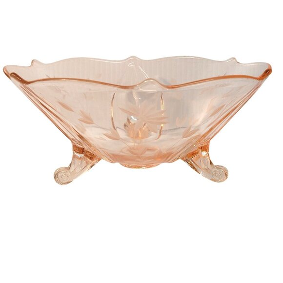 Jubilee Lancaster Pink Depression Glass Bowl  Vintage Etched Floral Footed 8.5'' - Picture 1 of 8